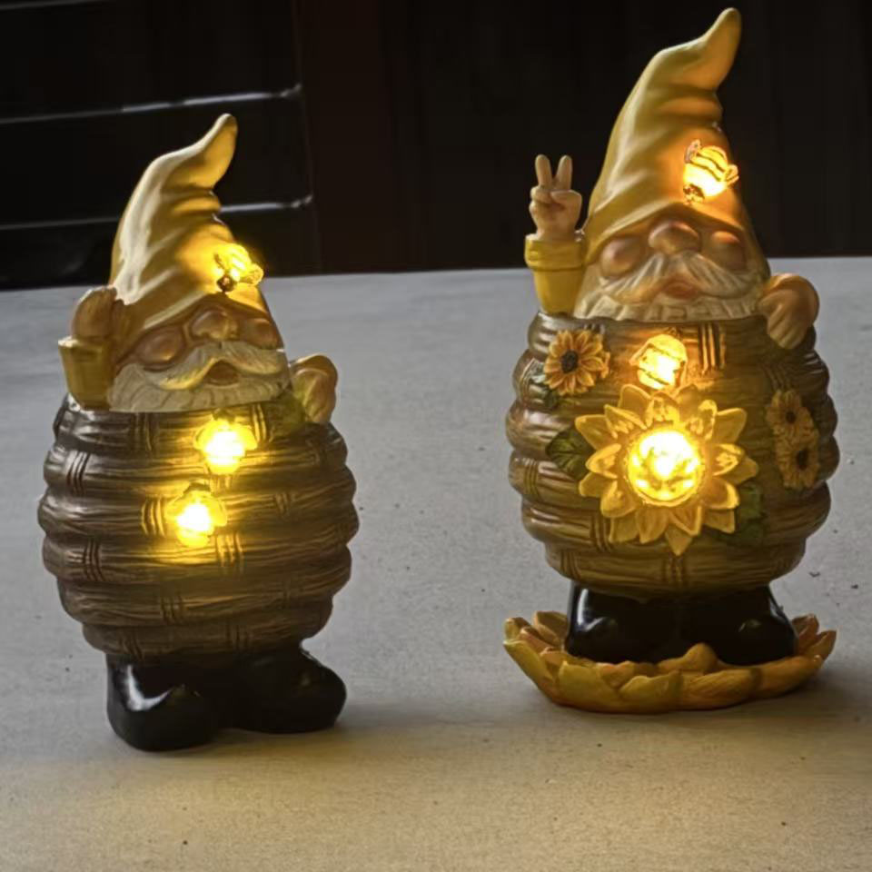 Solar Bee Garden Gnome with LED Light – Resin Beehive & Sunflower Ornament - Image 4